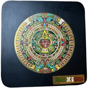 Aztec Black Wood and Metal Enameled Plaque Mexican Art "The Sun Stone" D.F